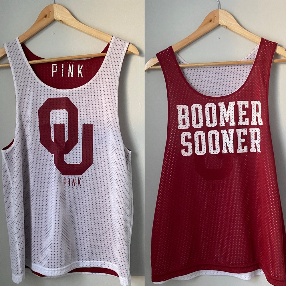 Pink Victoria’s Secret University of Oklahoma Boomer Sooner reversible mesh top